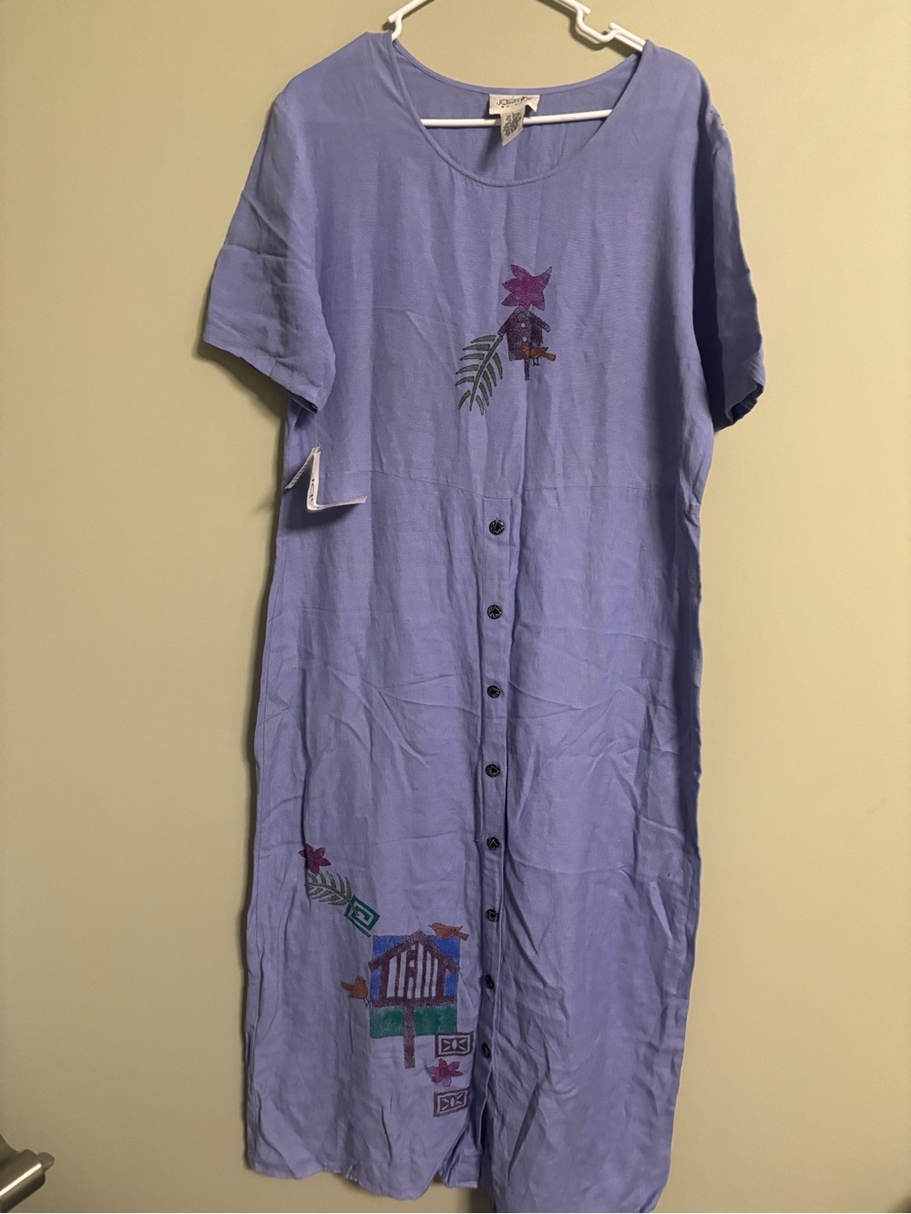 Jasmine by KVM Women’s Blue Linen Blend Button Front Midi Dress Birdhouse Print